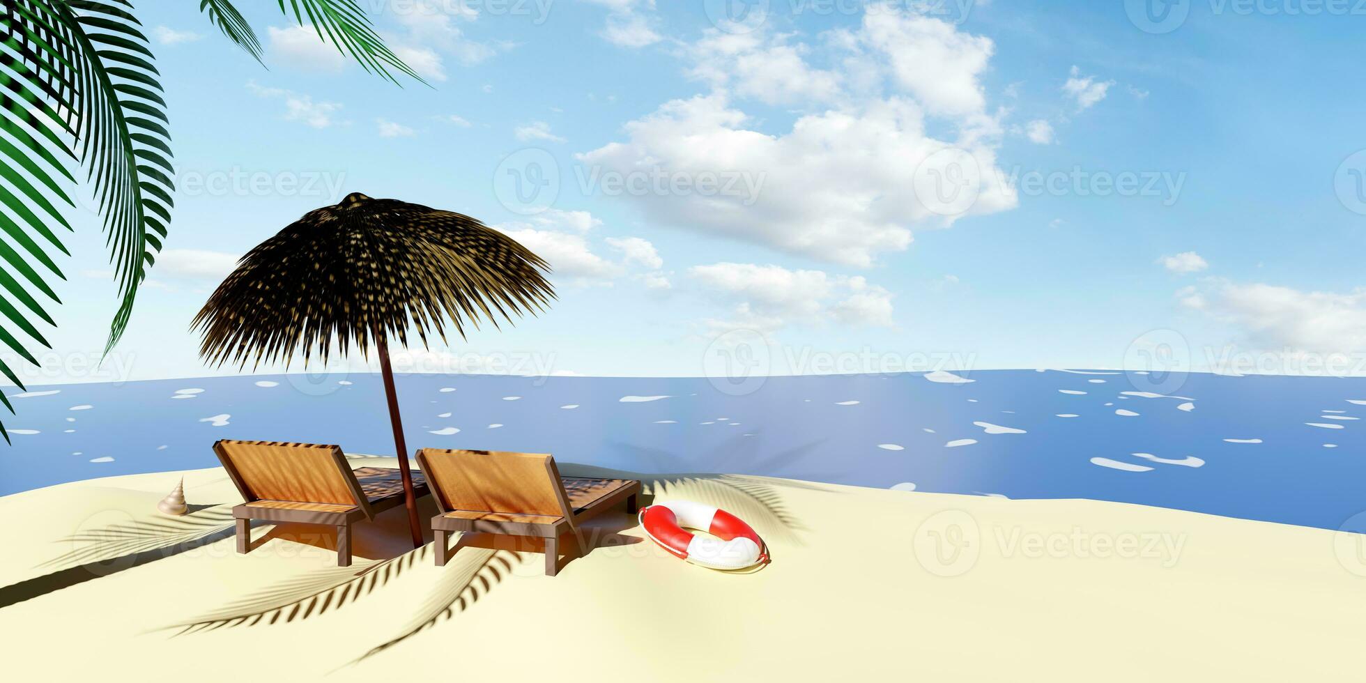 beach chair wooden with umbrella,palm tree,lifebuoy,seaside,shellfish,island isolated on blue sky background.summer travel concept,3d illustration or 3d render photo