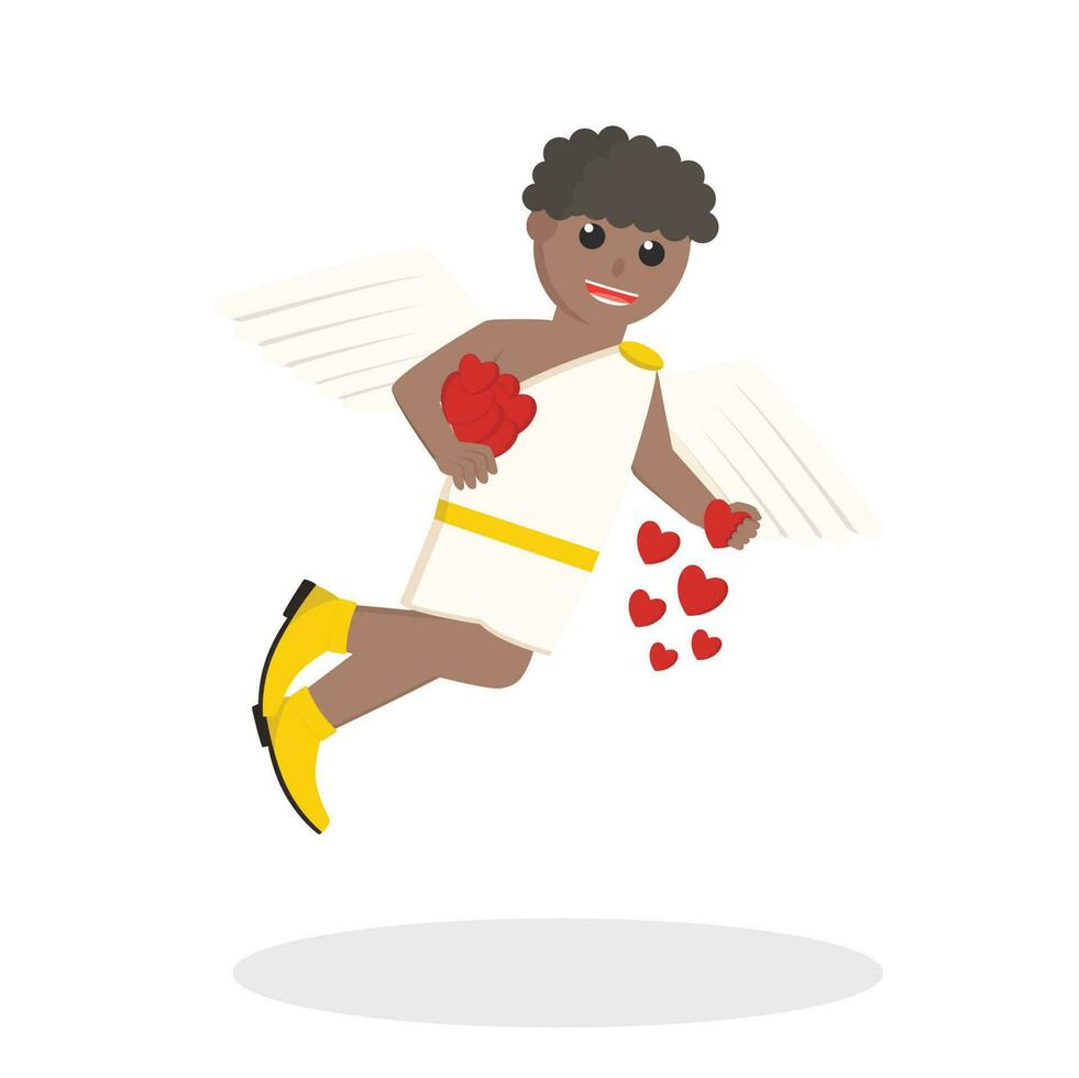 Cupido africano lanzando amor diseño personaje en blanco antecedentes vector