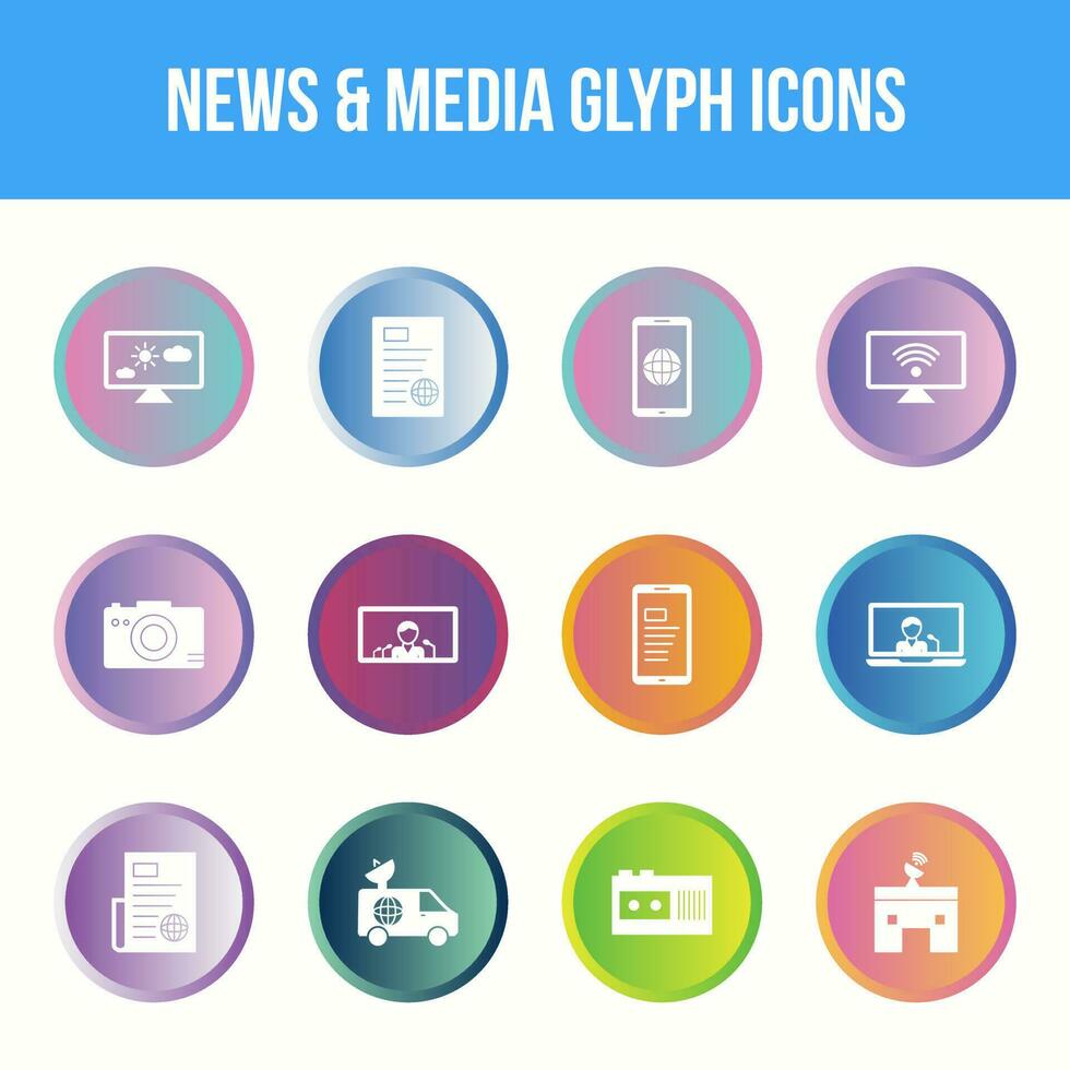 único Noticias y medios de comunicación vector glifo icono conjunto