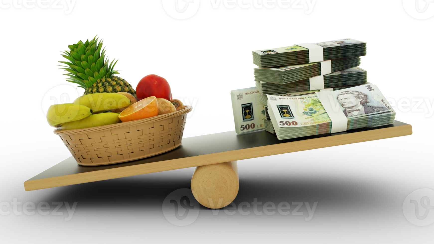 Inflation in Romanian, Weighing  Romanian currency against foodstuffs, high cost of living, 3d rendering png