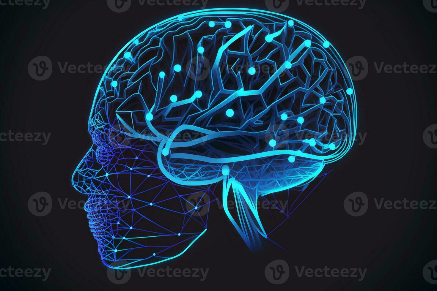 Low poly brain or Artificial intelligence concept. Symbol of Wisdom point. Abstract vector image of a human Brine. Low Polygonal wireframe blue illustration on dark background AI Generated photo