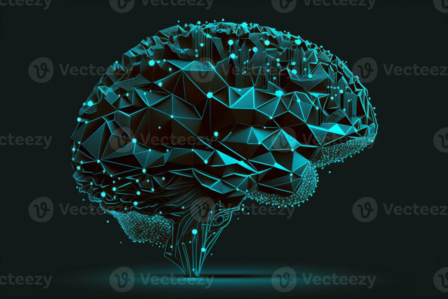 Low poly brain or Artificial intelligence concept. Symbol of Wisdom point. Abstract vector image of a human Brine. Low Polygonal wireframe blue illustration on dark background AI Generated photo