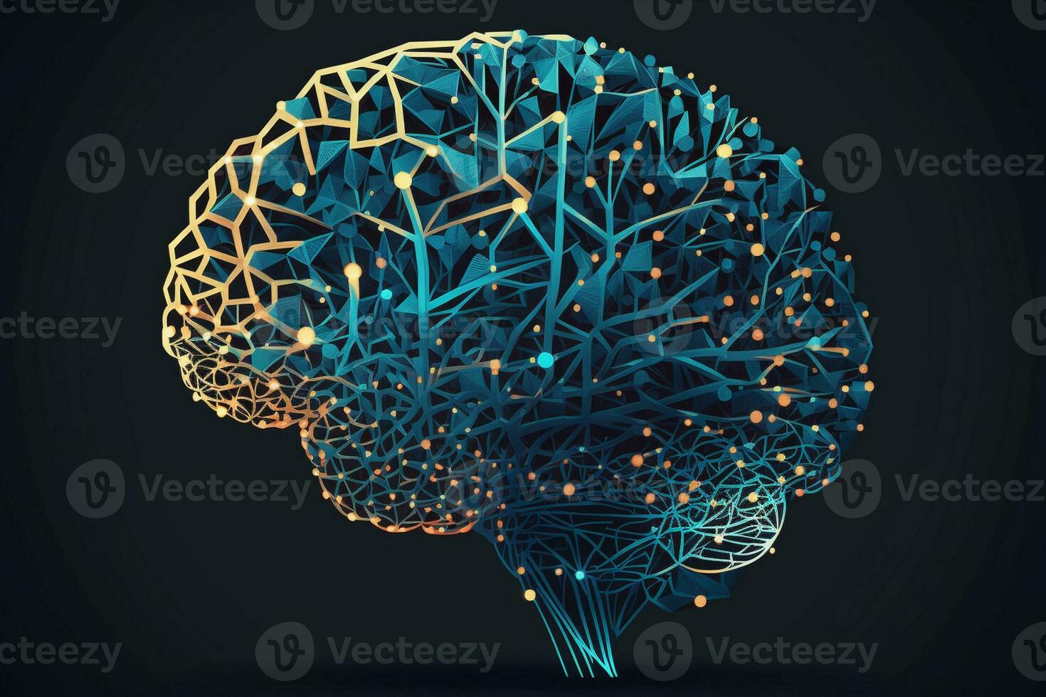 Low poly brain or Artificial intelligence concept. Symbol of Wisdom point. Abstract vector image of a human Brine. Low Polygonal wireframe blue illustration on dark background AI Generated photo