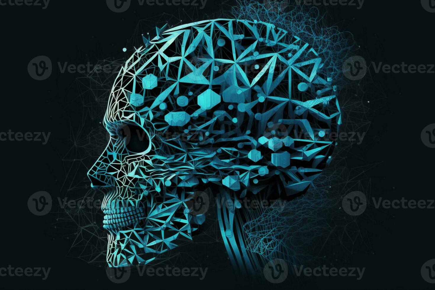 Low poly brain or Artificial intelligence concept. Symbol of Wisdom point. Abstract vector image of a human Brine. Low Polygonal wireframe blue illustration on dark background AI Generated photo