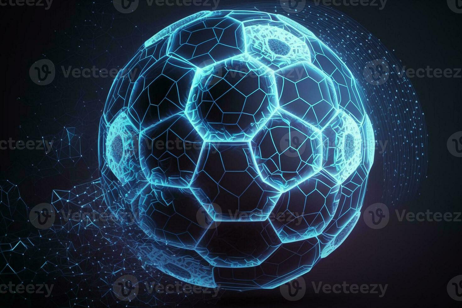 glowing blue Soccer ball in the goal. Low polygon, particle, and triangle style design.Wireframe light connection structure.Goal setting concept AI Generated photo