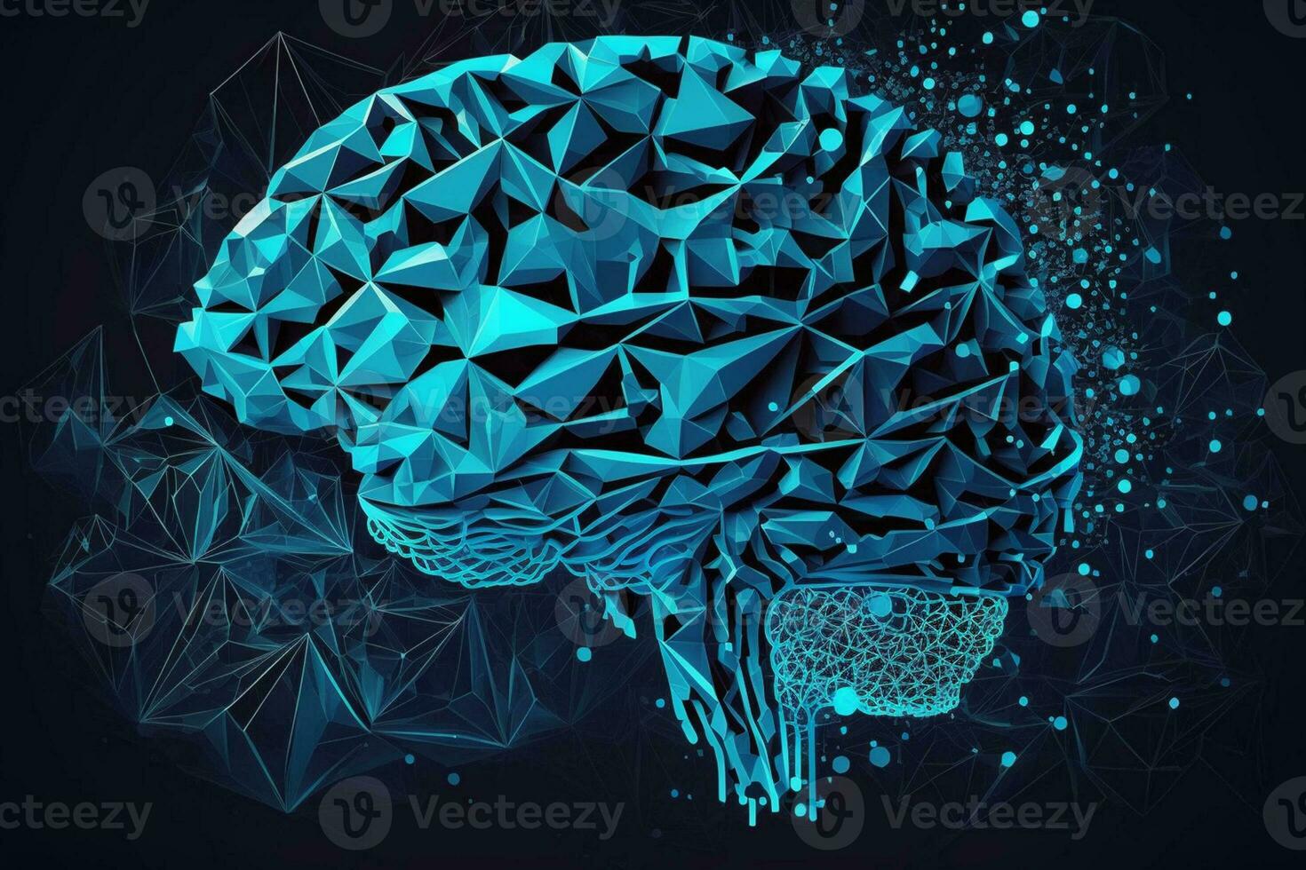 Low poly brain or Artificial intelligence concept. Symbol of Wisdom point. Abstract vector image of a human Brine. Low Polygonal wireframe blue illustration on dark background AI Generated photo