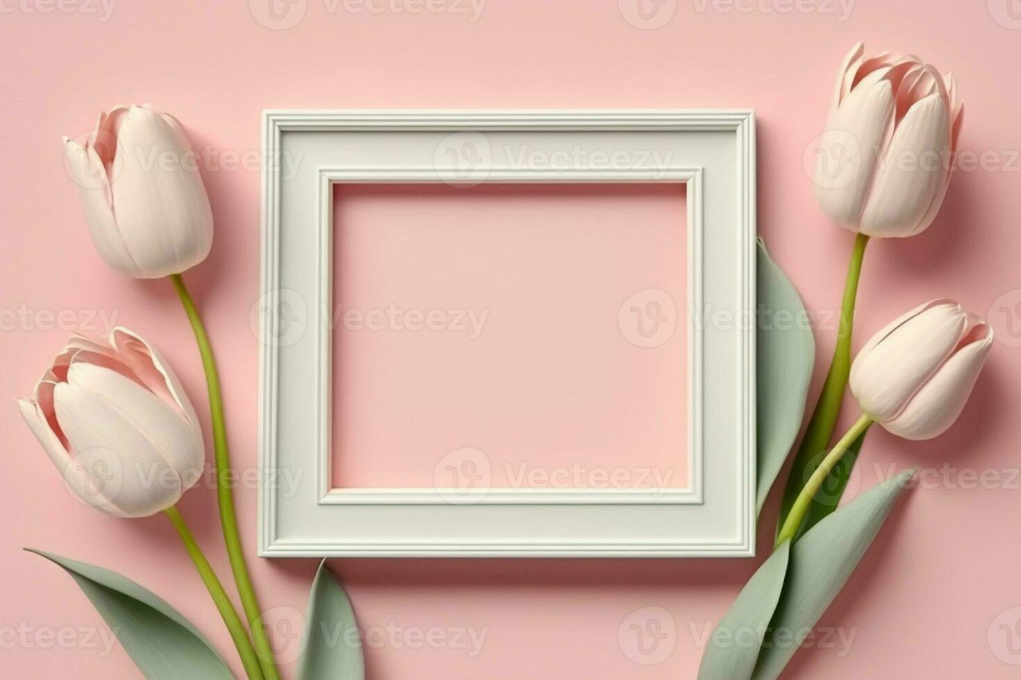 pink tulip and white frame on pastel background. Flat lay ,top view,Happy women's day concept AI Generated photo