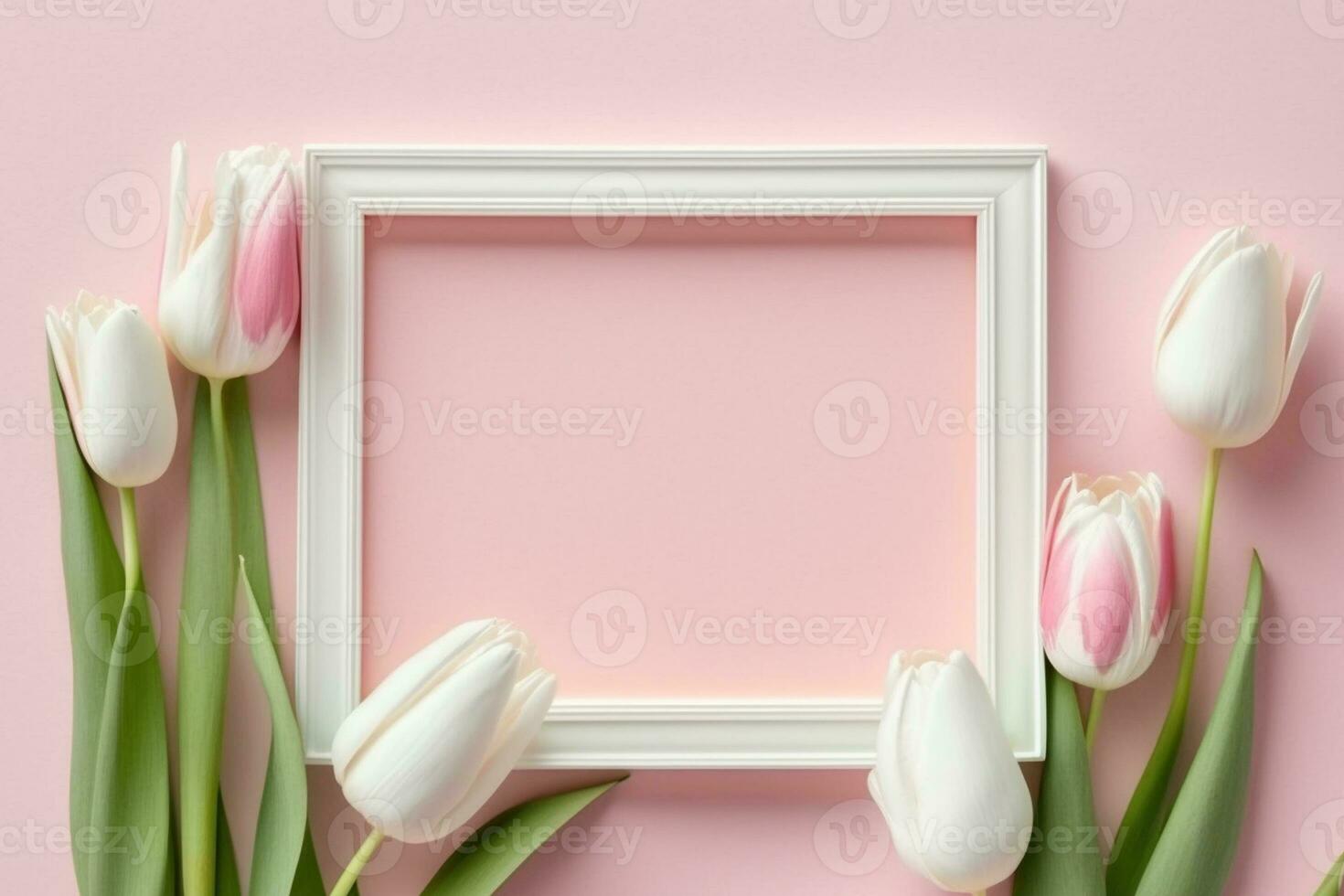 pink tulip and white frame on pastel background. Flat lay ,top view,Happy women's day concept AI Generated photo