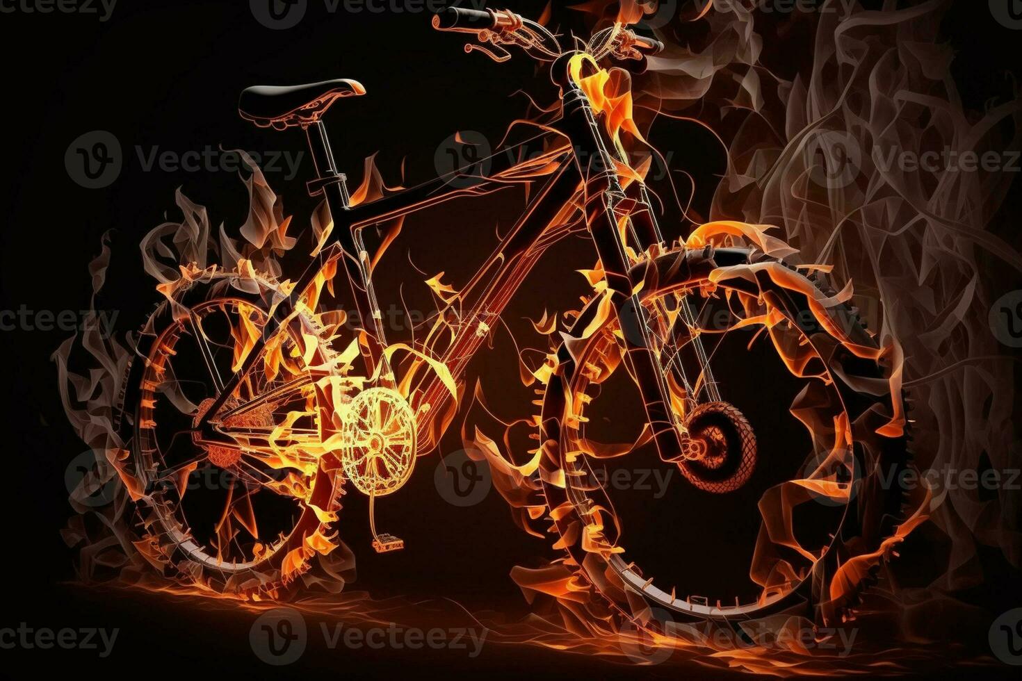 Sport. Burning Bicycle in silhouettes on balck background.Fire and energy AI Generated photo