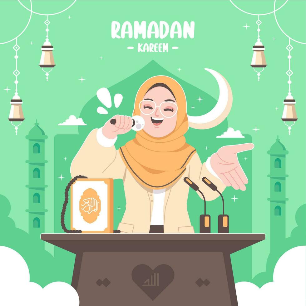 islamic tausiyah with ustadzah character illustration vector