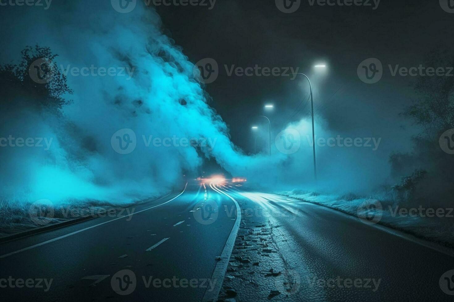 Asphalt blue dark street with smoke. Empty dark scene with neon light.Rays, spotlights light AI Generated photo