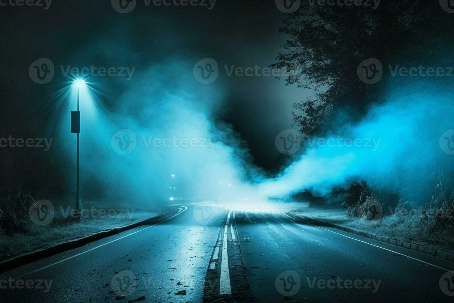 Asphalt blue dark street with smoke. Empty dark scene with neon light.Rays, spotlights light AI Generated photo