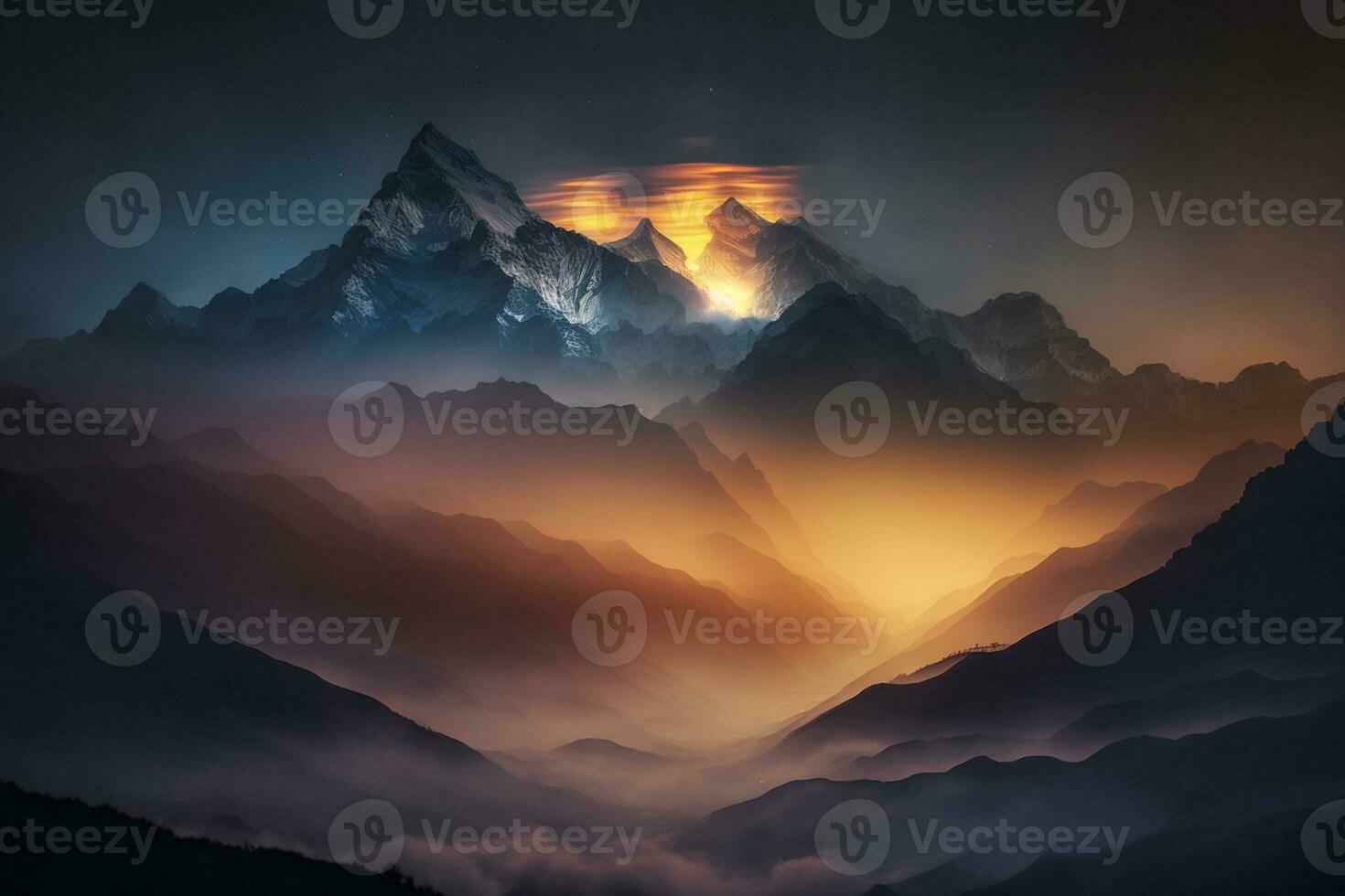 ver de el Himalaya puesta de sol noche ,monte Everest visible mediante el niebla ai generado foto