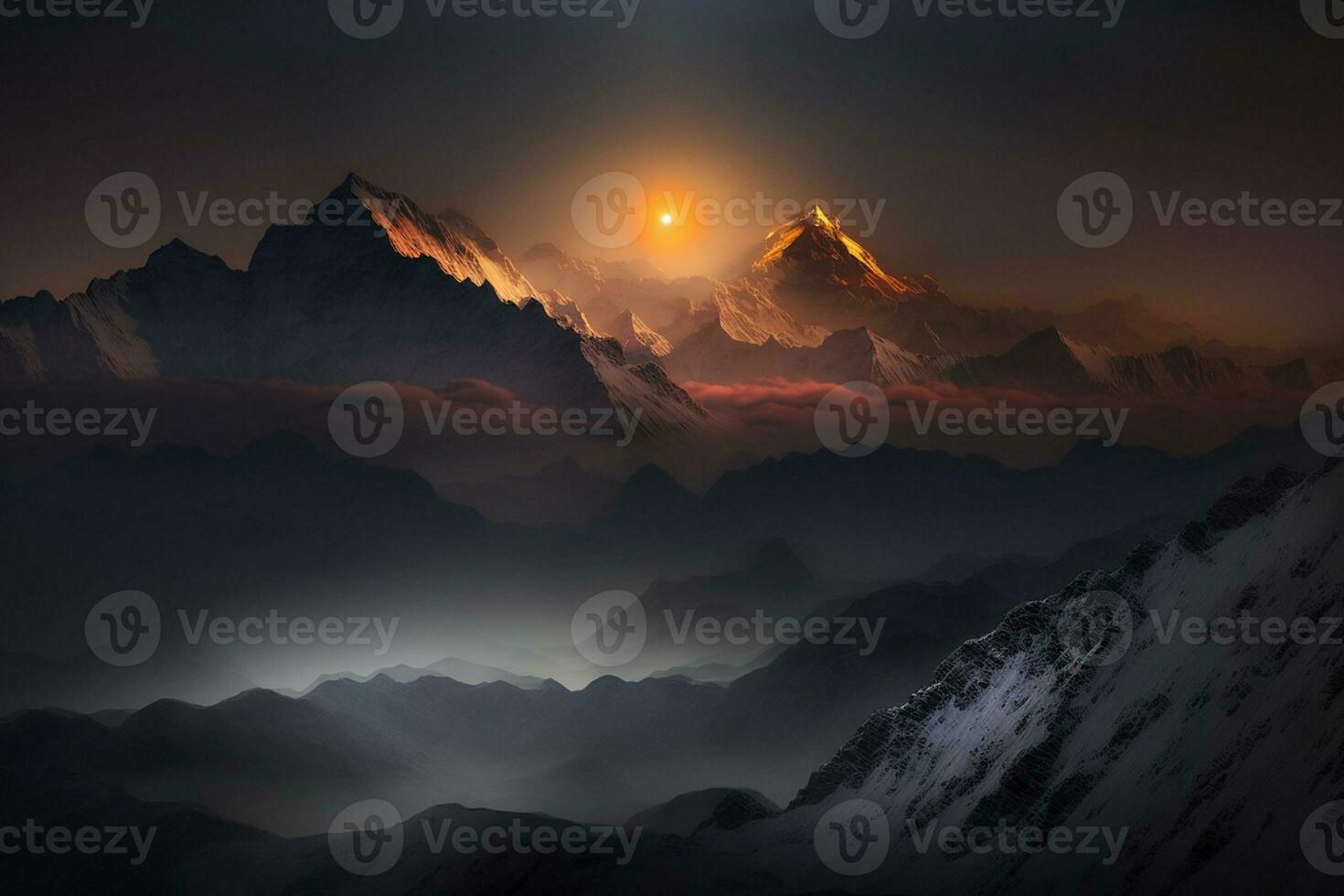 ver de el Himalaya puesta de sol noche ,monte Everest visible mediante el niebla ai generado foto