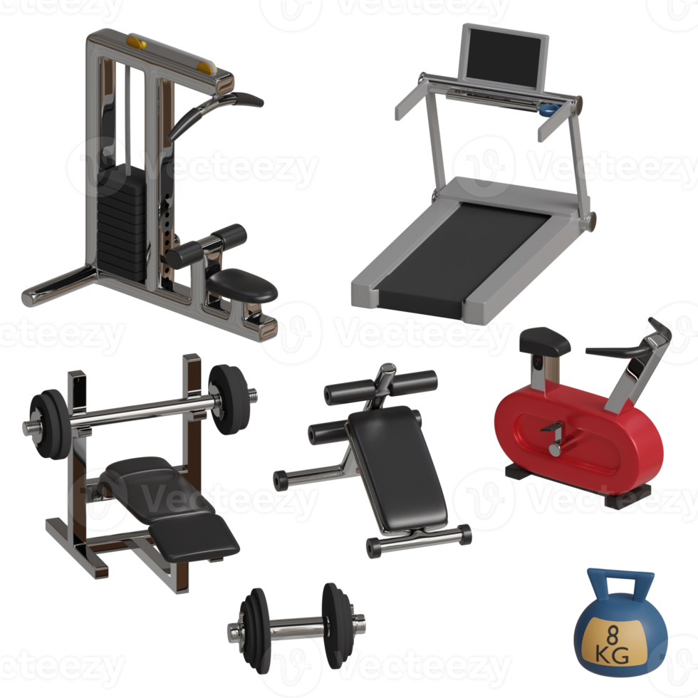 3d rendered fitness set includes treadmill, benchpress, barbell, kettlebell, lat pulldown machine, abdominal bench and Indoor cycling bike png