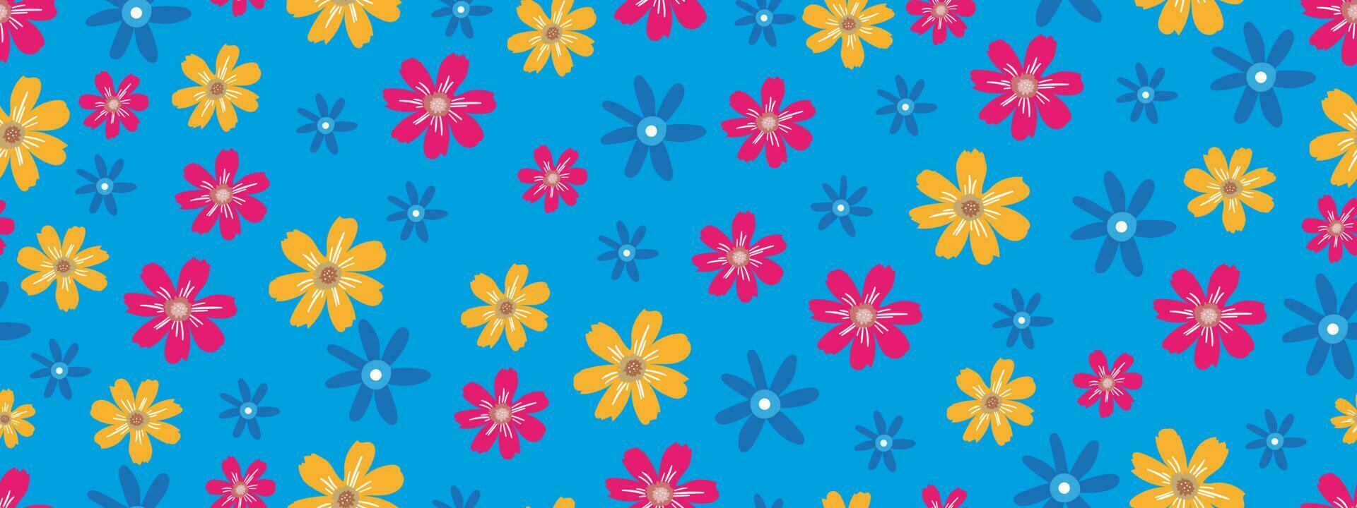 Seamless pattern Spring flower,Vintage Design in 1970s with Seamless flower Orange,Yellow,Pink floral s on Blue background,60s,70s Retro Pattern style for Hippie,Groovy, funky Wall Interior Decoration vector