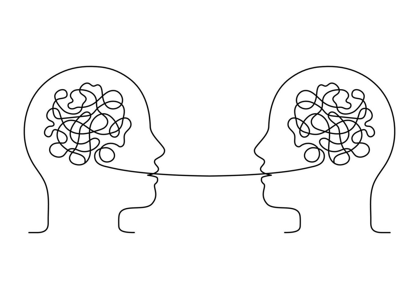 People talk, tangle speech, conversation with clutter, outline. Creative thinking brain. Psychotherapy communication. Conversation two person, dialog speak. Vector line
