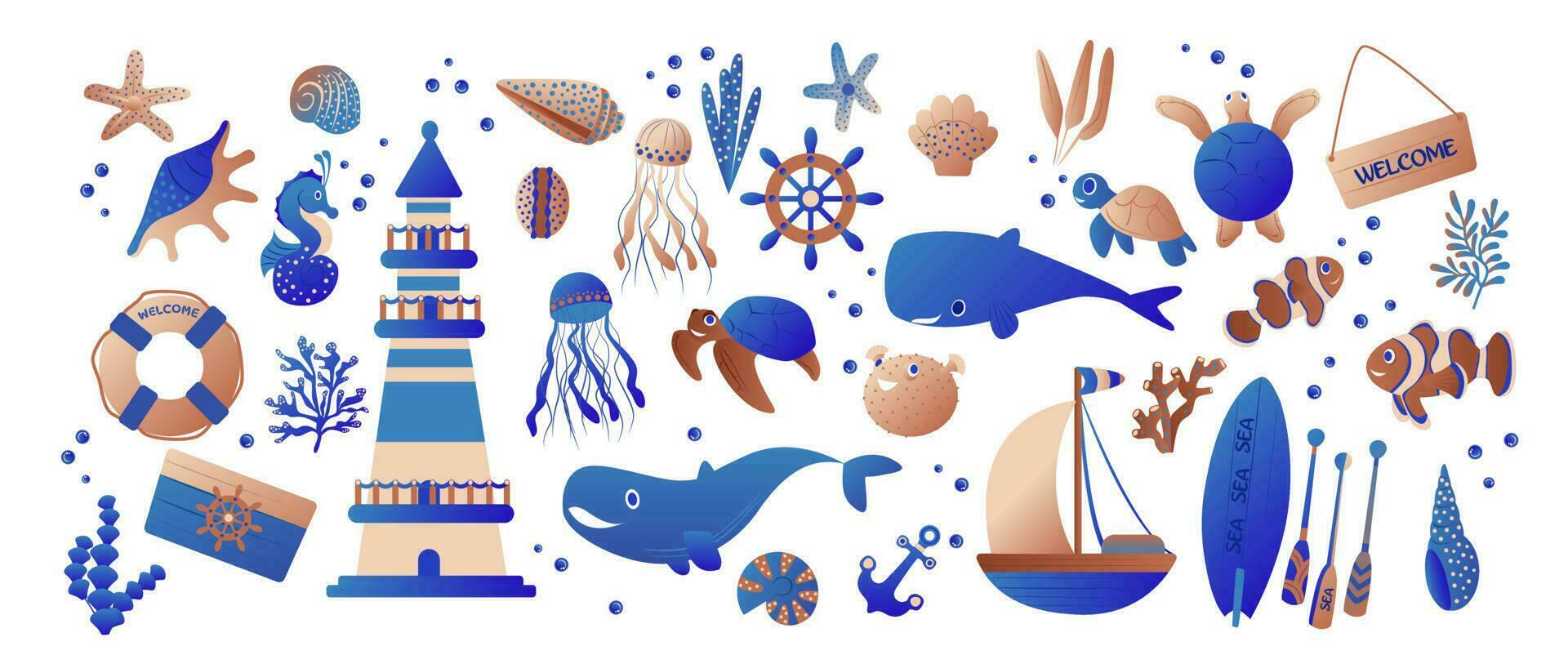 Under the sea set - Lighthouse, whales, fish, turtles, shells, surfboard, algae, jellyfish, seahorse, treasure chest, etc.Perfect for scrapbooking, greeting card, party invitation vector