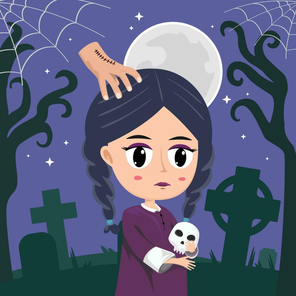 Siniestro y misterioso pequeño niña personaje vector