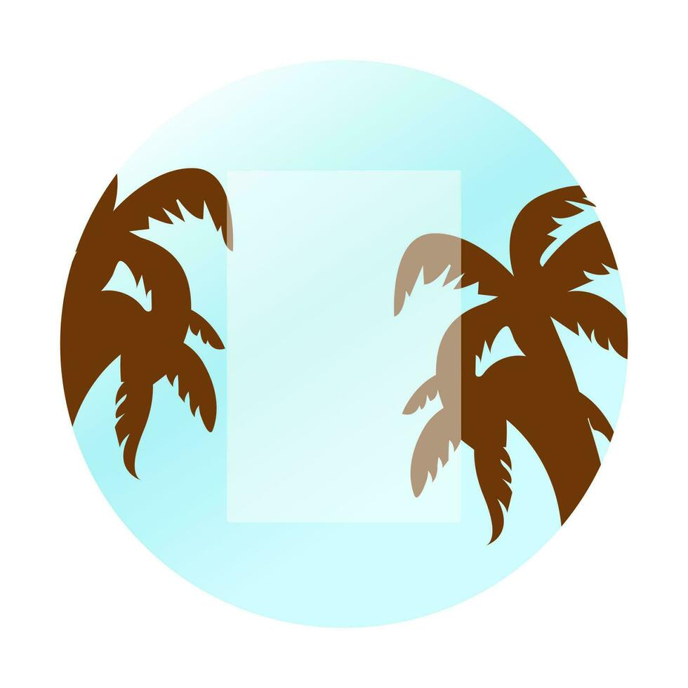 Summer background with tropical palm trees and round frame. Template with space for text for beach party invitaion, club flyer, menu cover, card. Vector illustration.