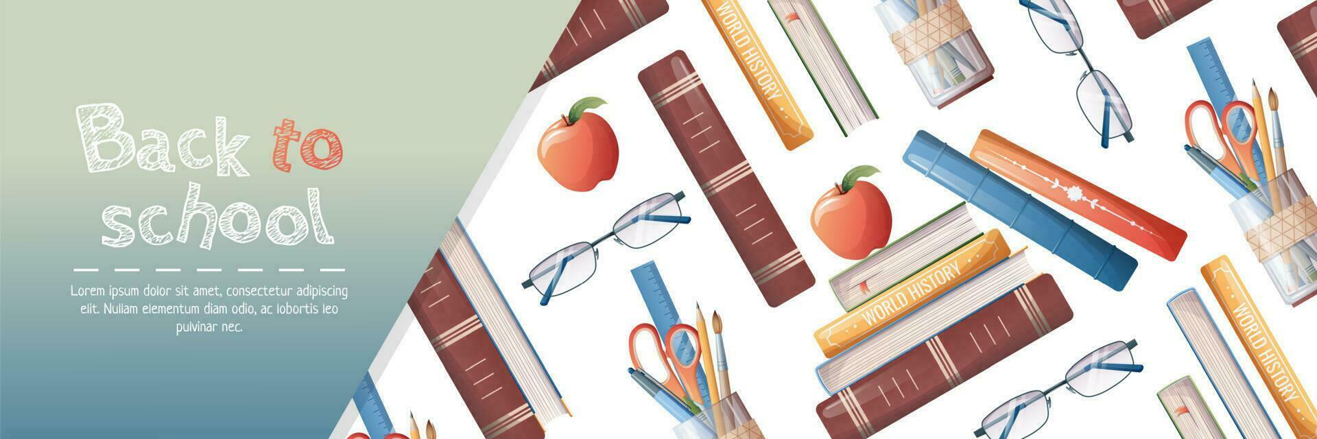 Horizontal banner back to school with school subjects and elements. Education, knowledge, learning. Background with stack of books and stationery,glasses vector