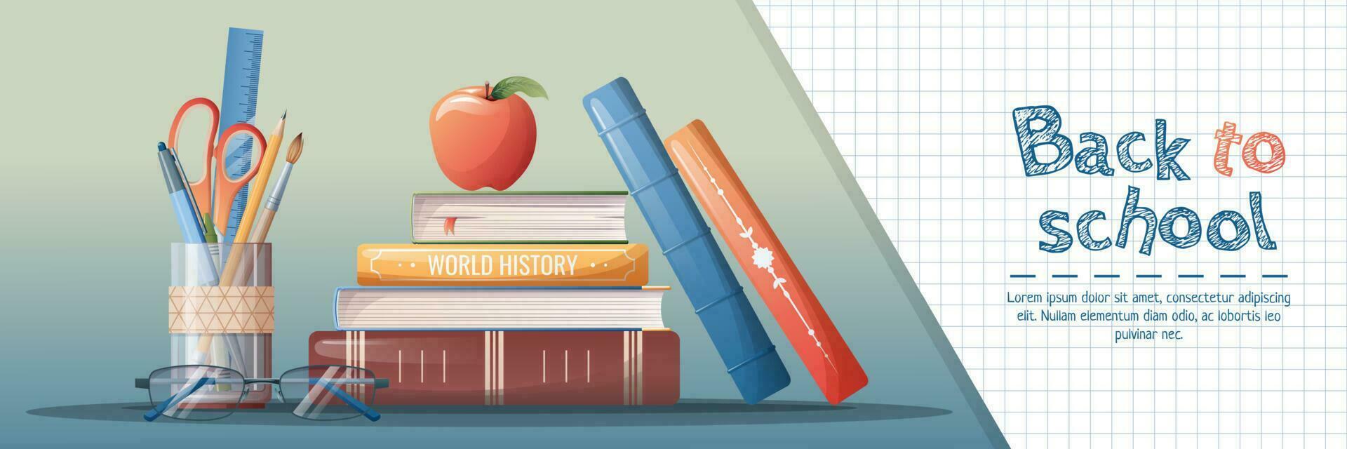 Horizontal banner back to school with school subjects and elements. Education, knowledge, learning. Background with stack of books and stationery,glasses. vector