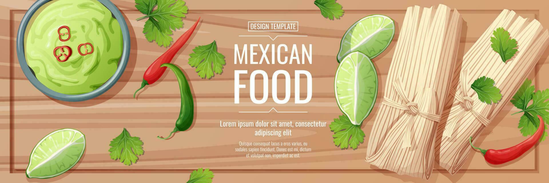 WHorizontal banner with mexican food on a wooden background. Tamales with guacamole sauce and chili peppers. Banner, flyer, poster, advertisement of traditional Mexican food. vector