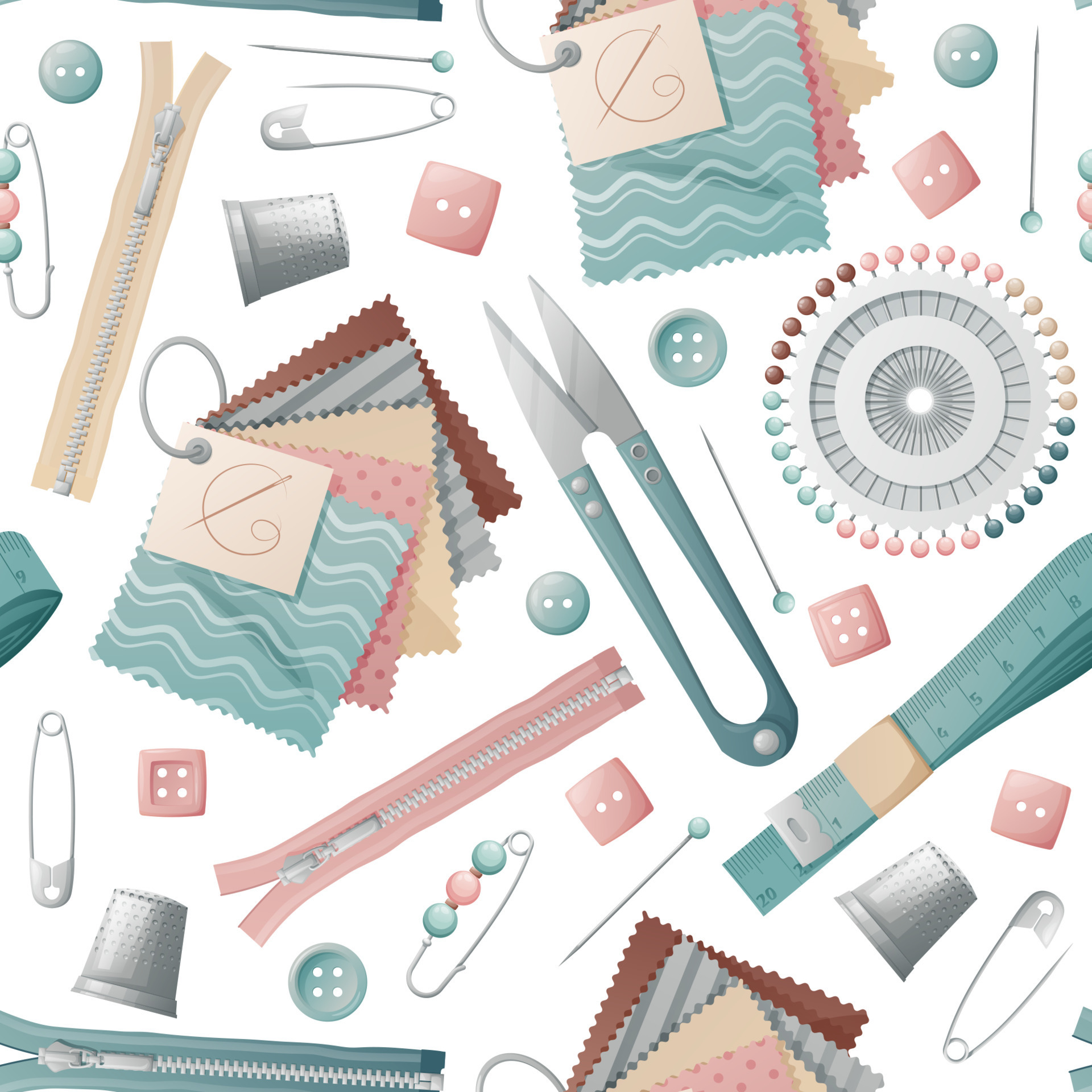 Seamless background with seamstress tools. Texture with scissors, pins
