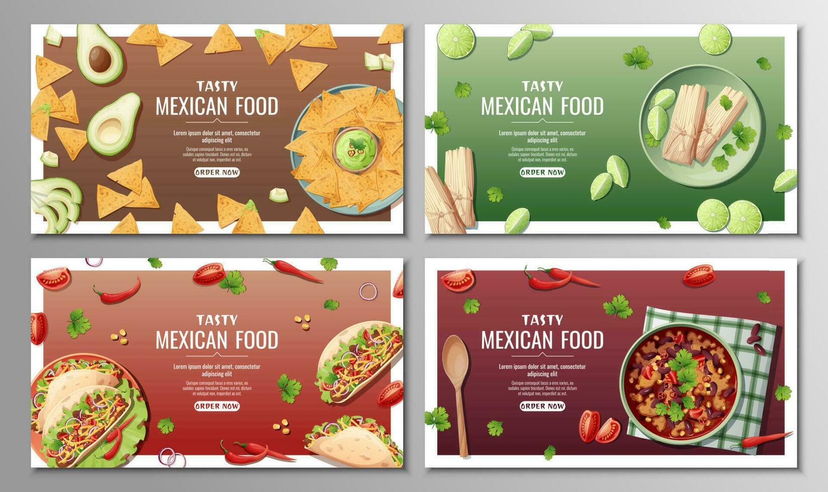 Mexican food banners set. Tamales, nachos, tacos and bean soup. Background, webbaner, poster, advertisement of traditional Mexican cuisine. vector