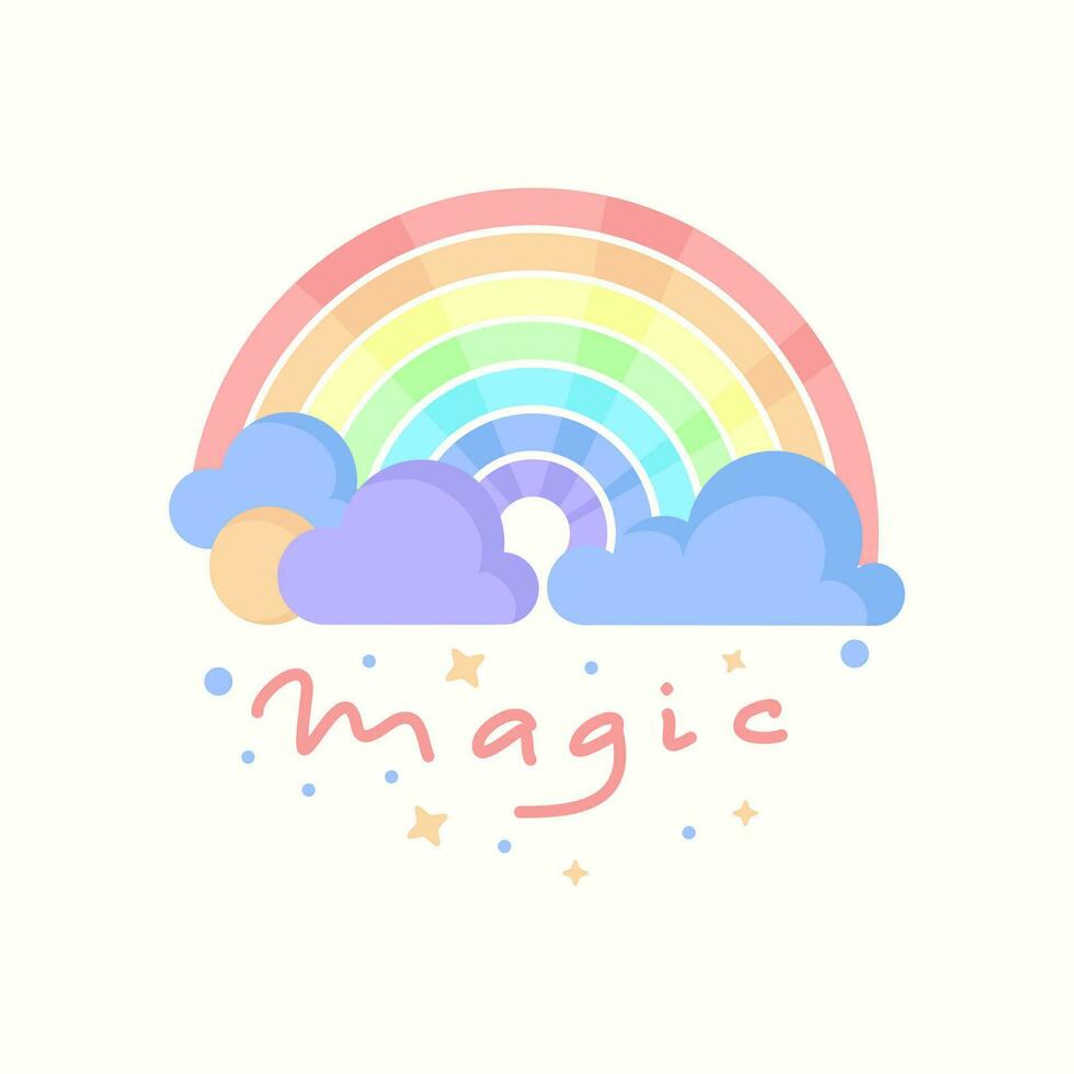 Vector rainbow, clouds, and sun with lettering 'magic' isolated on the white background. Cute pastel colors. Poster or greeting card design template