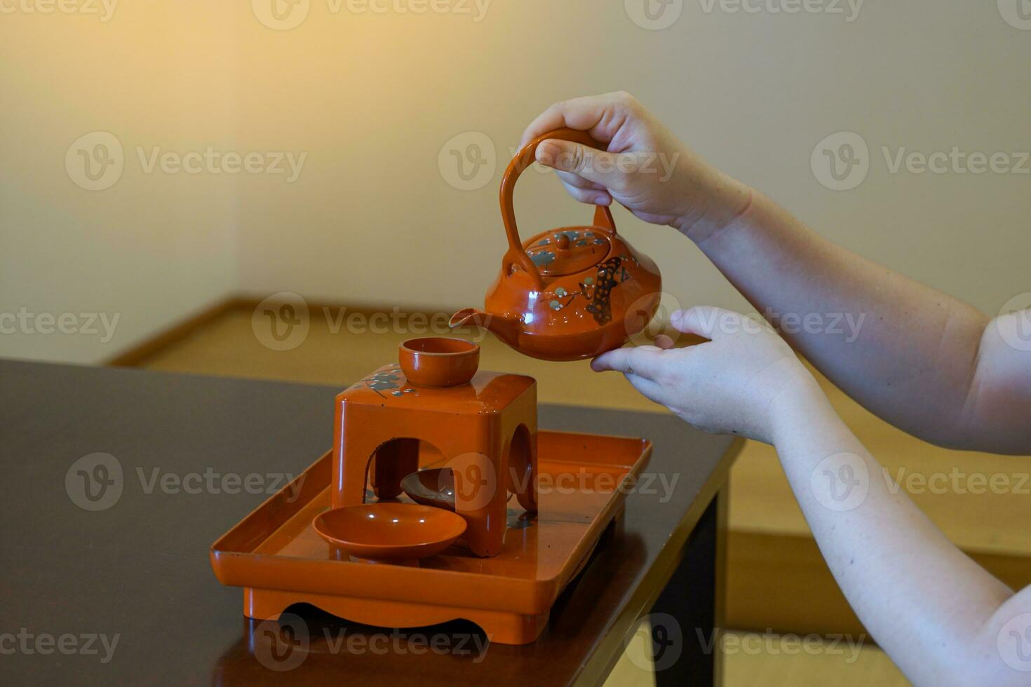 Japanese tea ceremony reproduction corner Which is a sacred ceremony with a pattern, emphasizing simplicity, sincerity, being one with nature. with a calm and pure mind. photo