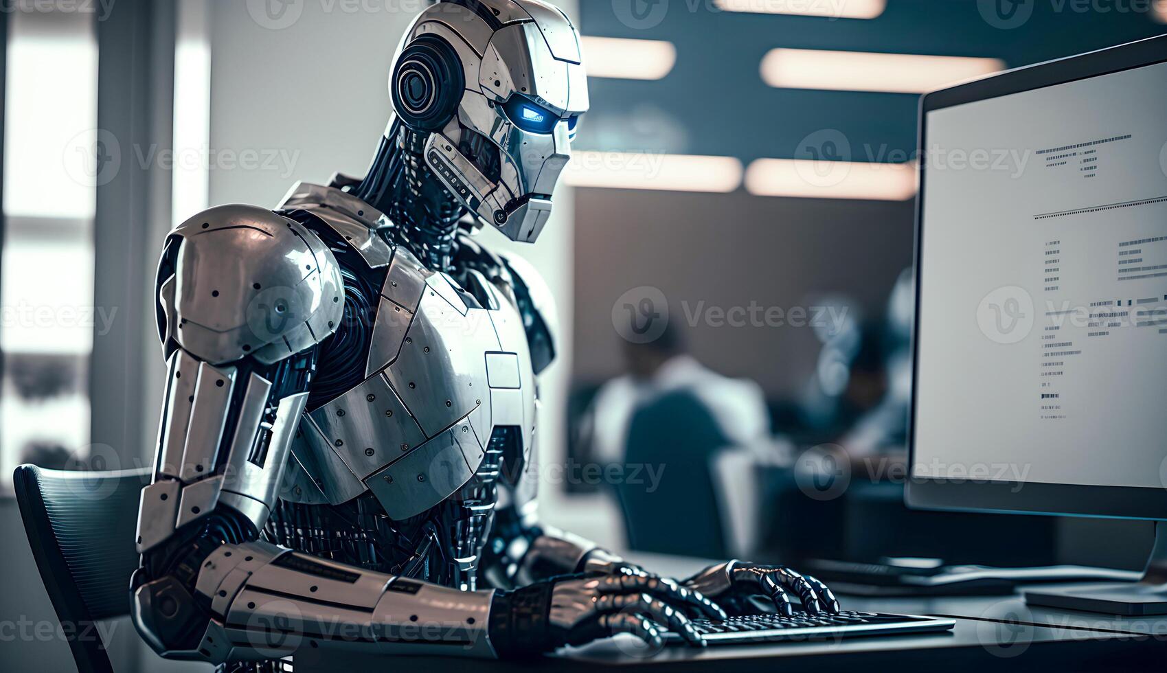Image of human-liked robot working on computor in office instead of human, Artificial Intelligence concept image created by technology photo