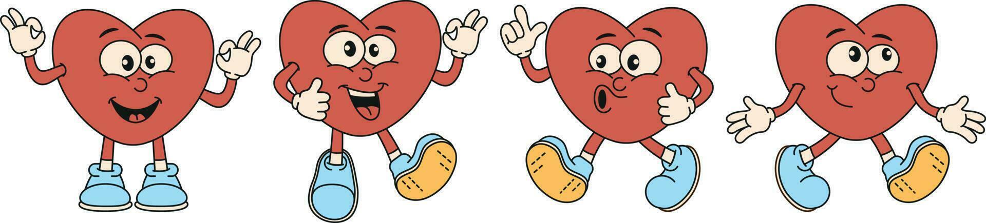 Heart stickers. Love concept. Happy cartoon character in 80s 90s style.Valentine's Day. Vector illustration