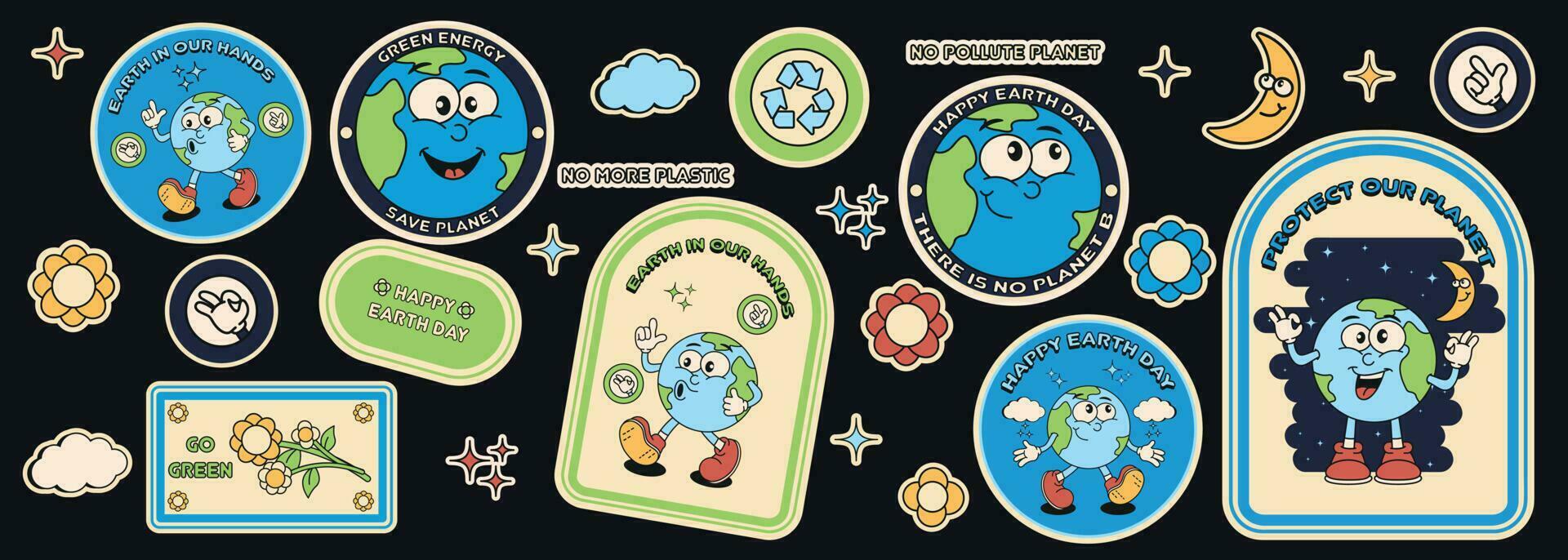 Planet mascot stickers in trendy retro cartoon style. Earth Day concept. World Environment Day. Earth planet motivational cartoon character design. Vector illustration in 80s,90s style.