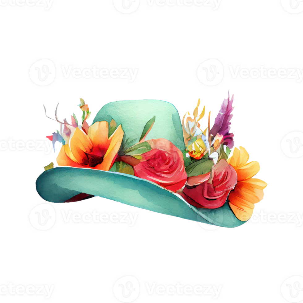 watercolor style cartoon wearing flower hat . png