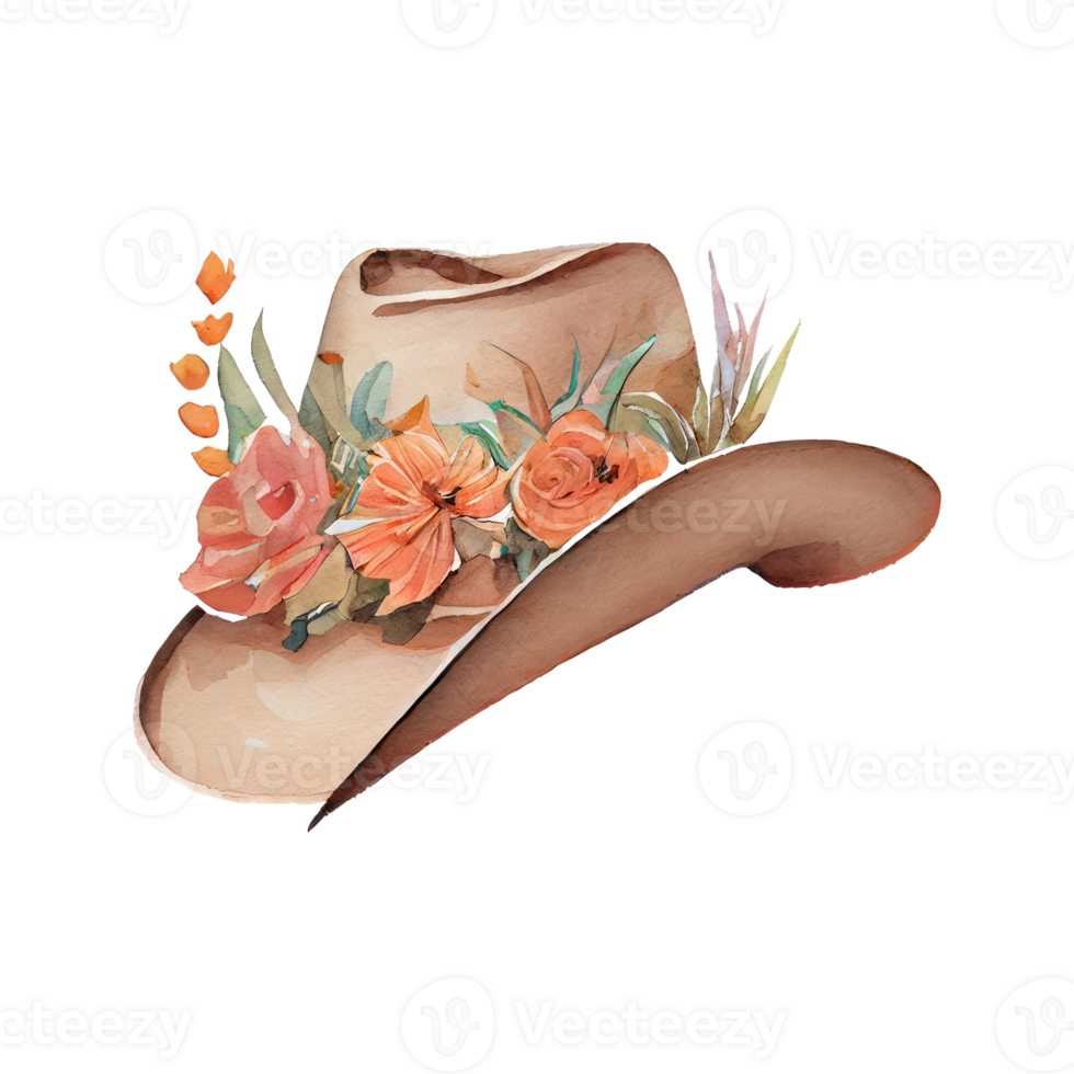 watercolor style cartoon wearing flower hat . png