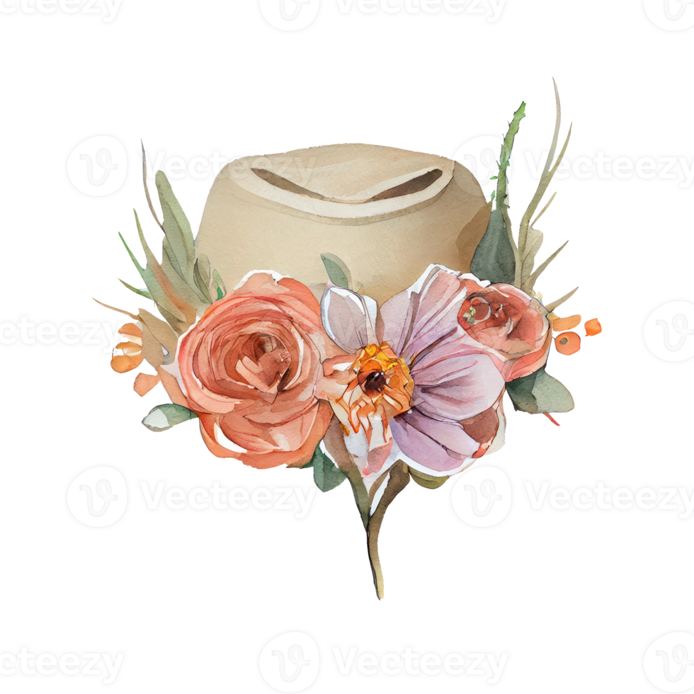 watercolor style cartoon wearing flower hat . png