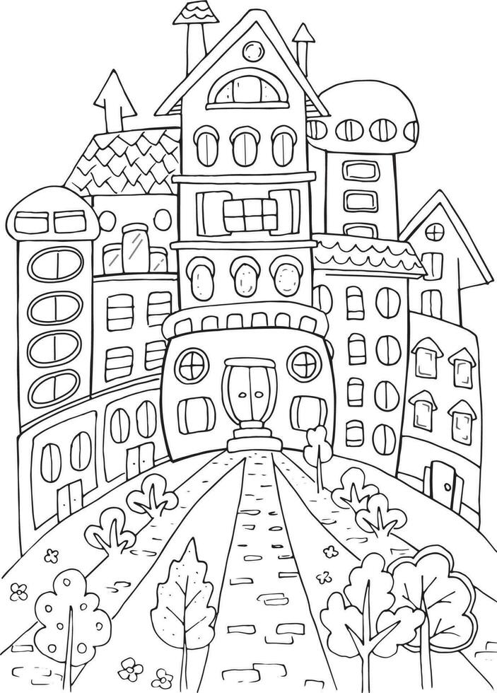 mano dibujo colorante página para niños y adultos hada ciudad paisaje, dibujos animados, imaginario. hermosa dibujos con patrones y pequeño detalles. vector