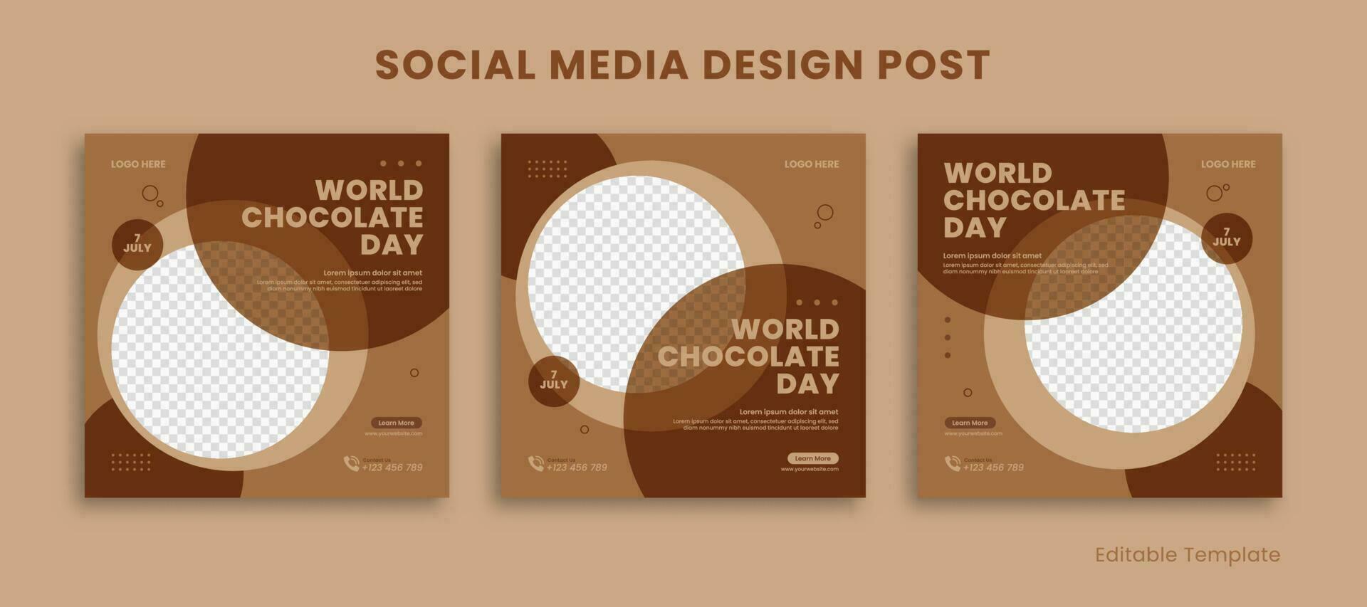 Set of Editable Social Media Design Post with Circle and Brown theme. For Celebrate World Chocolate Day. Suitable for Sale Banner, Post, Ads, Promotion Product, Business, Food, FnB, Coffee vector