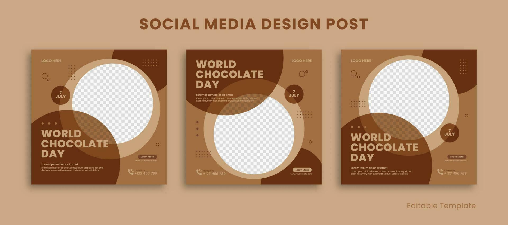 Set of Editable Social Media Design Post with Circle and Brown theme. For Celebrate World Chocolate Day. Suitable for Sale Banner, Post, Ads, Promotion Product, Business, Food, FnB, Coffee vector