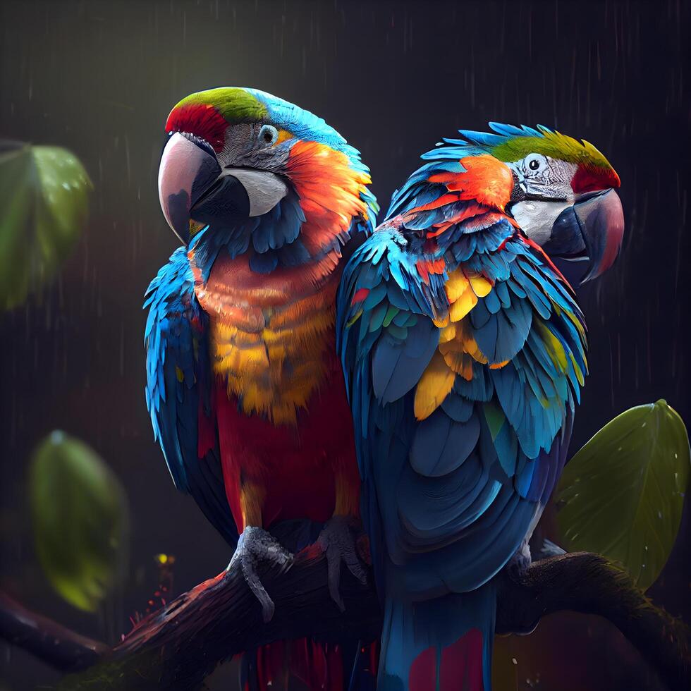 Two macaws sitting on a branch in the rain. Wildlife scene., Image photo
