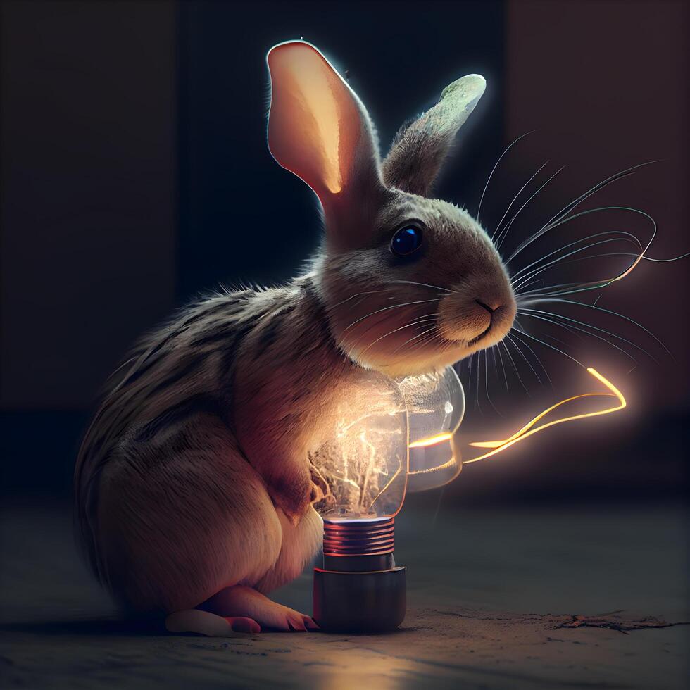 Rabbit with a light bulb on a dark background. The concept of eco-friendly energy., Image photo