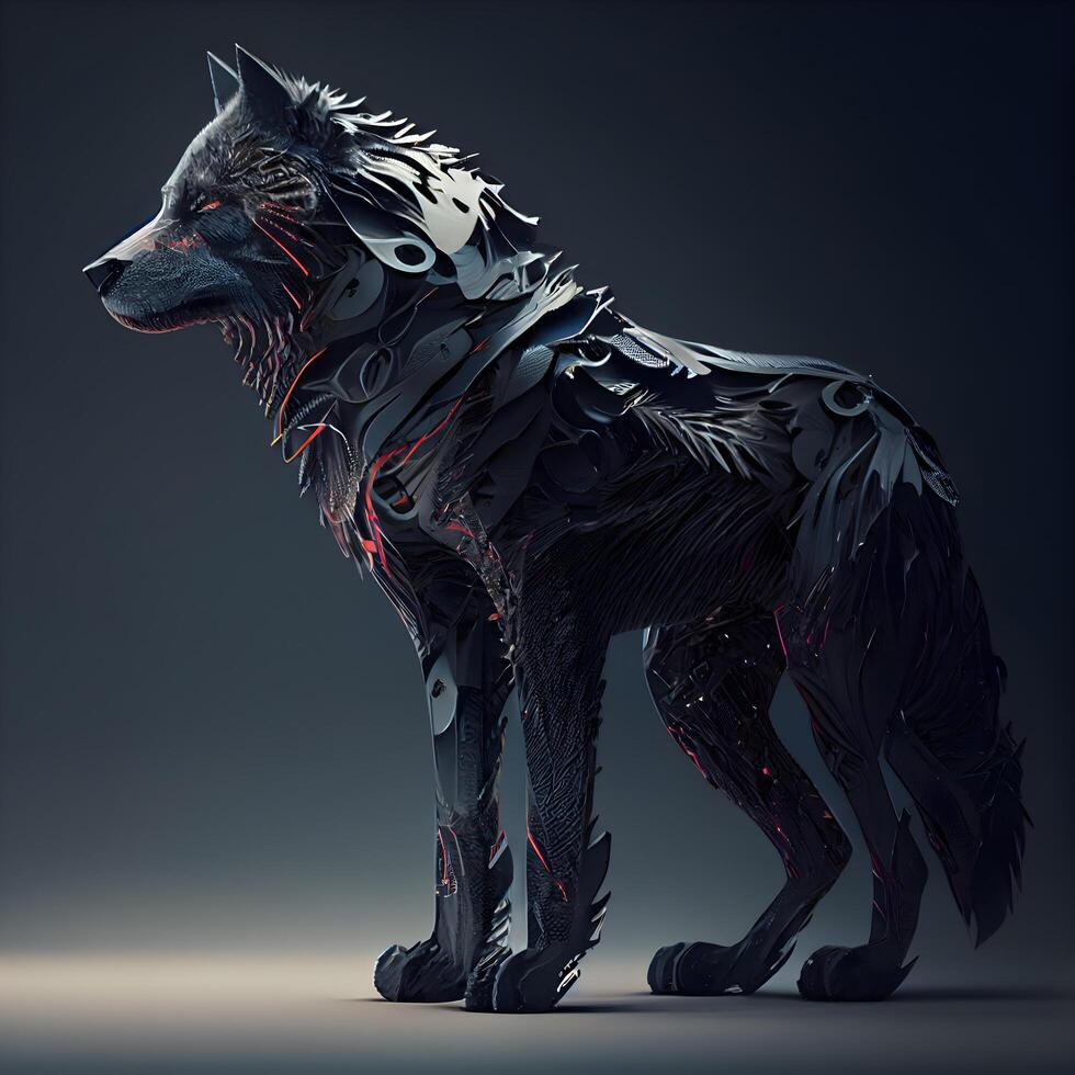 3d representación de un lobo con un futurista diseño en un oscuro fondo, ai generativo imagen foto