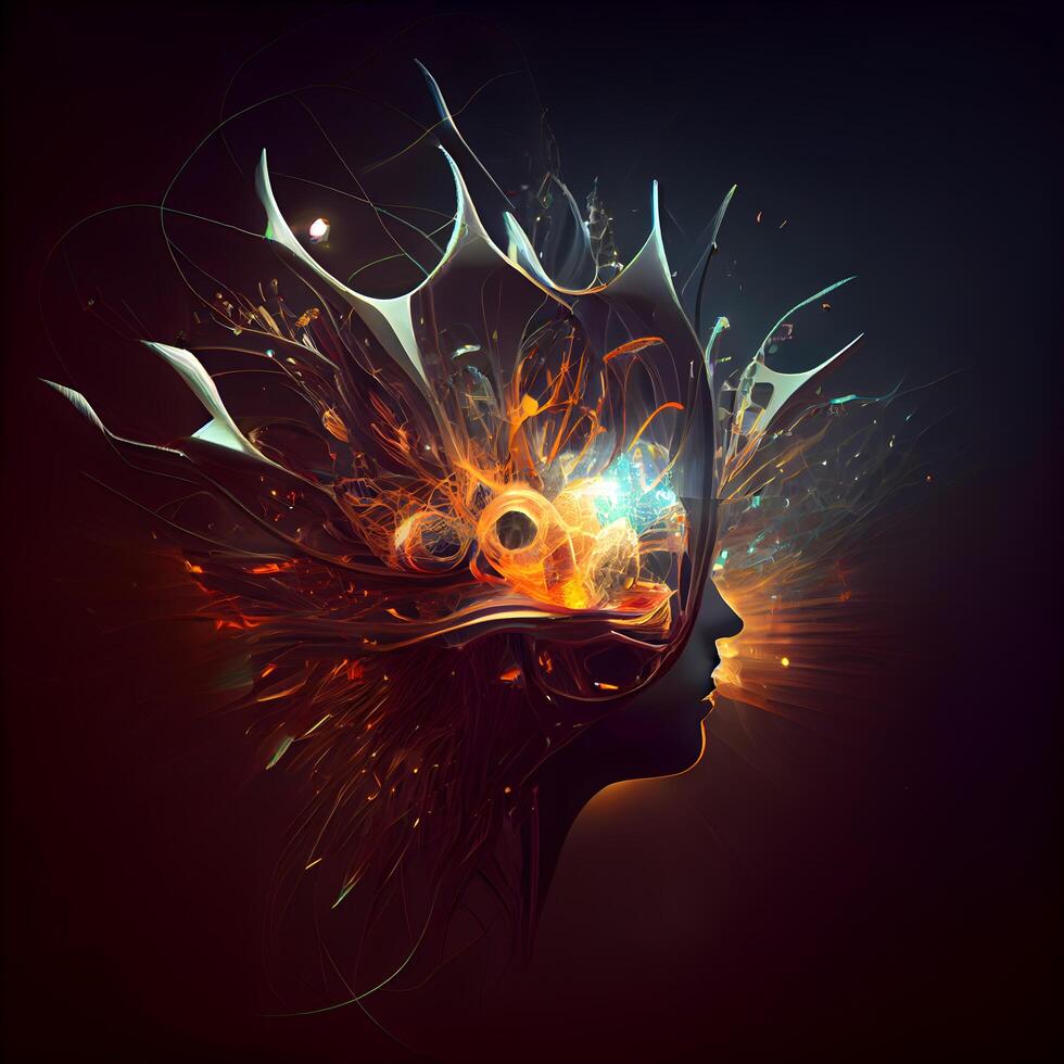 Fractal illustration of a female head with a glowing brain., Image photo