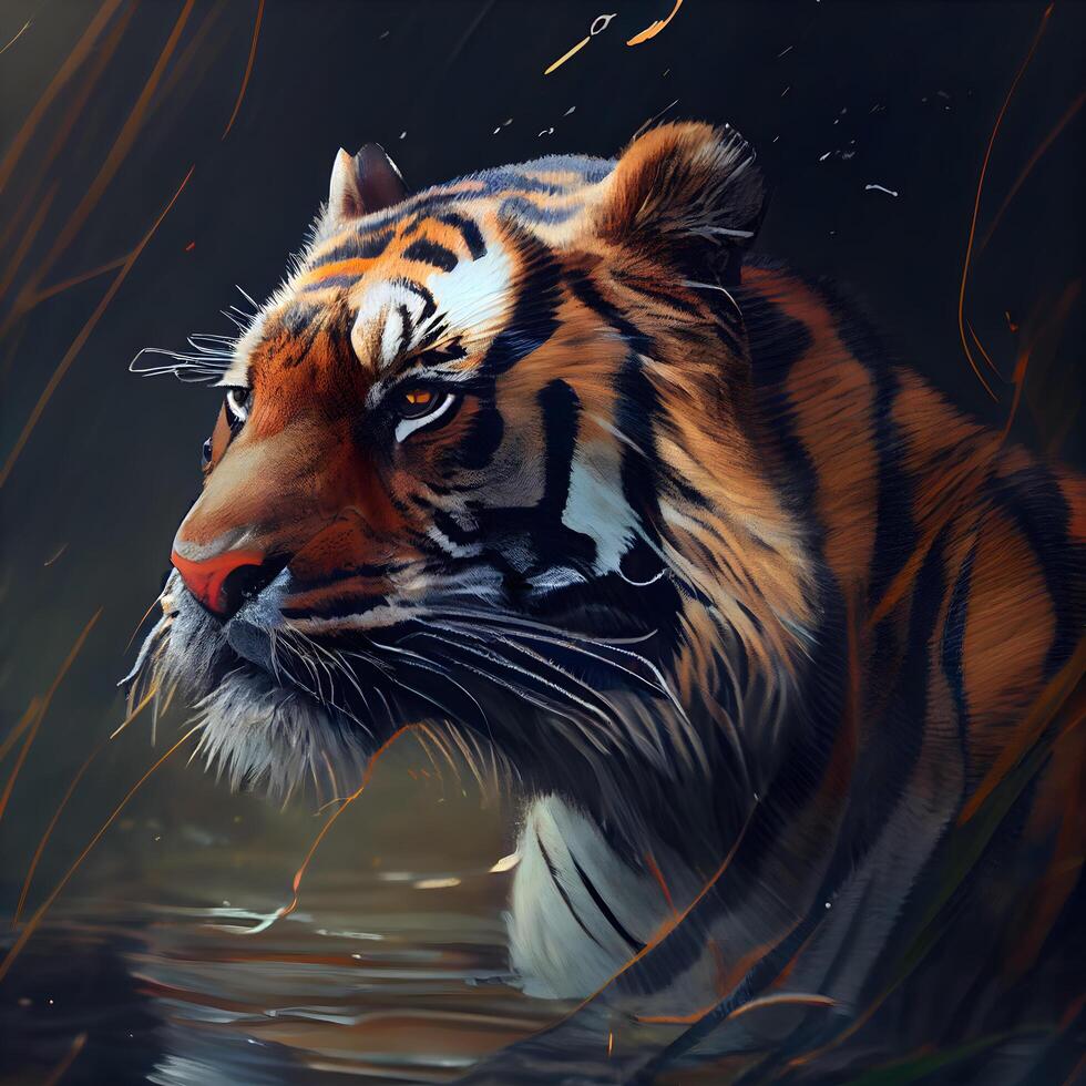 Tiger in the water, digital painting of a wild animal., Image photo