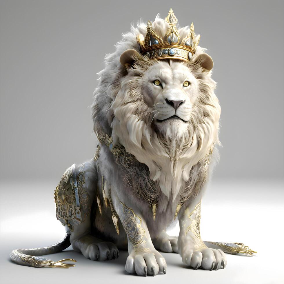 White lion statue isolated on white background. 3D illustration. Studio shot., Image photo