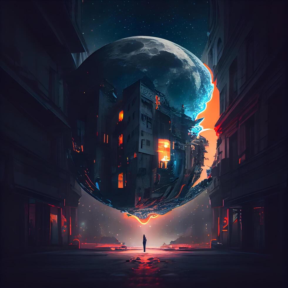 Fantasy illustration of a man in the city at night with a full moon., Image photo