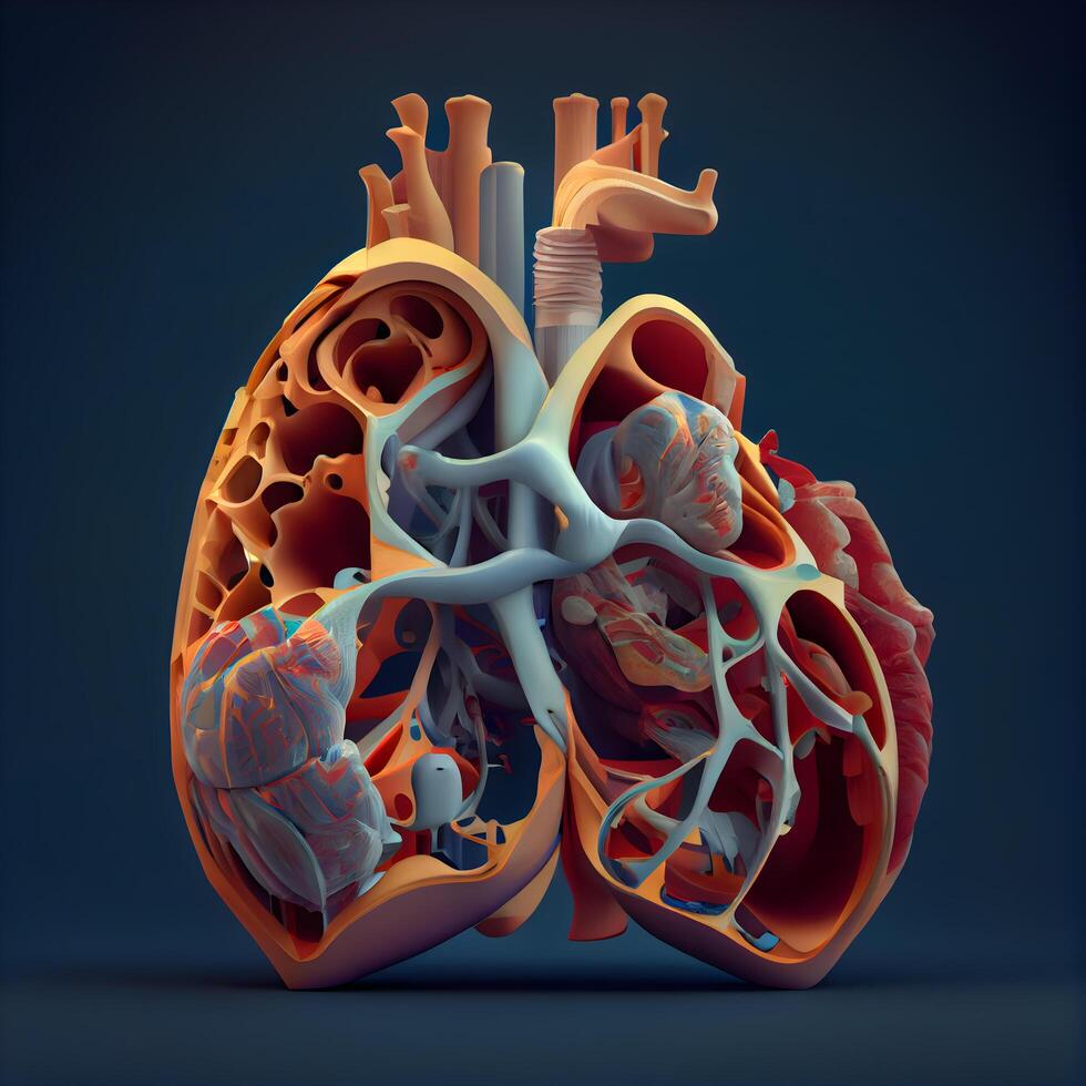 humano corazón anatomía. 3d hacer ilustración aislado en oscuro fondo., ai generativo imagen foto