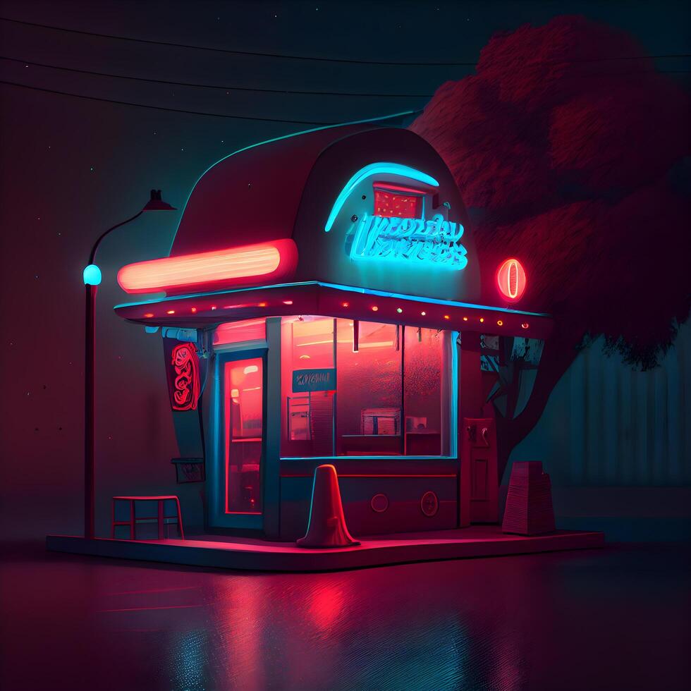3D rendering of a retro cinema at night with neon lights., Image photo