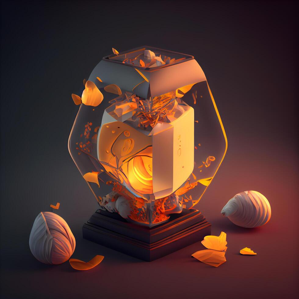 Beautiful 3d illustration of a golden crystal vase with fallen leaves., Image photo